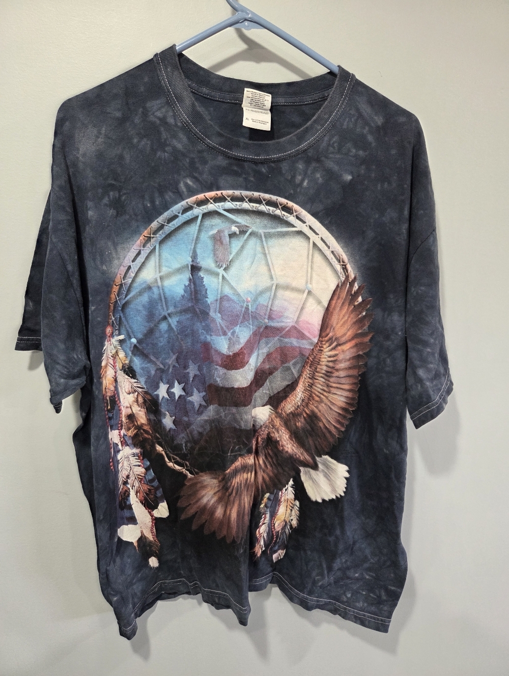 Blue Tie Dye Tee Men XL Eagle Patriotic Graphic Dream Catcher Tee